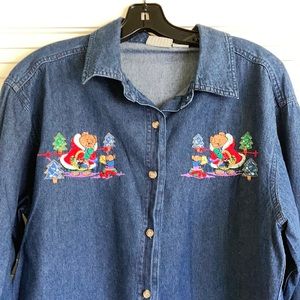 Cabin Creek Holiday Denim Button Down Shirt, L